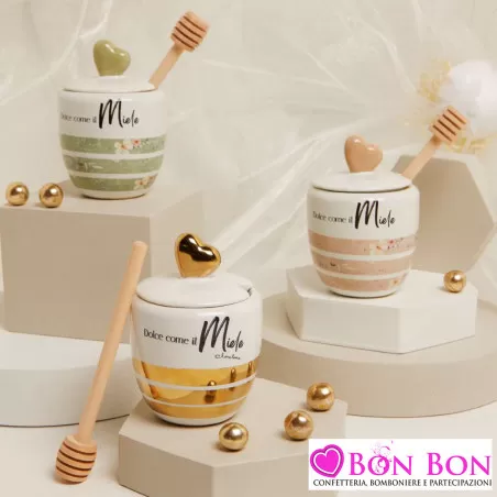 Bomboniere Matrimonio Enogastronomiche Claraluna 2025 - Portamiele in Porcellana con Spargimiele in Legno Claraluna - 18