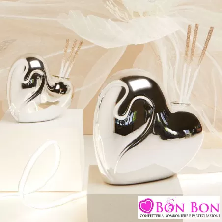 Bomboniere per Matrimonio Claraluna 2025 Diffusori a Forma di Cuore in Porcellana Argento con Stecche Dorate