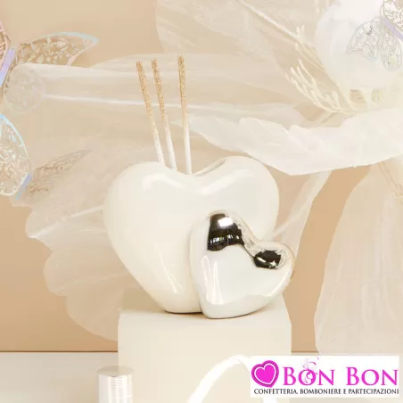 Bomboniera Matrimonio Claraluna 2025 Diffusore a Forma di Cuore Doppio in Porcellana Bianca e Argento