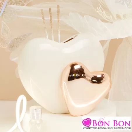 Bomboniera Matrimonio Claraluna 2025 - Diffusore Doppio Cuore in Porcellana Bianco e Oro con Stecche Dorate
