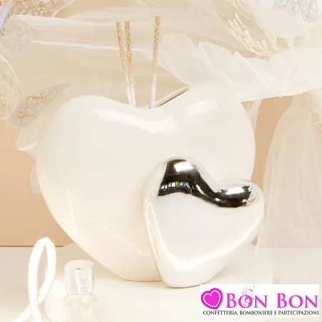 Bomboniera Matrimonio Claraluna 2025 Diffusore Doppio Cuore in Porcellana Bianco e Argento con Stecche Dorate