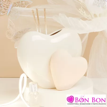 Bomboniera Matrimonio Claraluna 2025 Diffusore Doppio Cuore in Porcellana Bianco e Tortora con Stecche Dorate