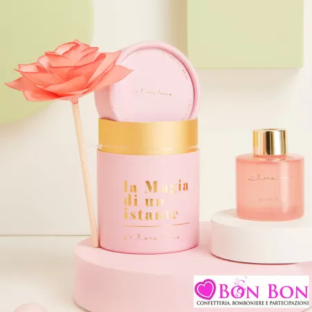 Bomboniere Matrimonio Claraluna 2025 Diffusori in Vetro Rosa con Essenza Black Rose e Rosa Decorativa