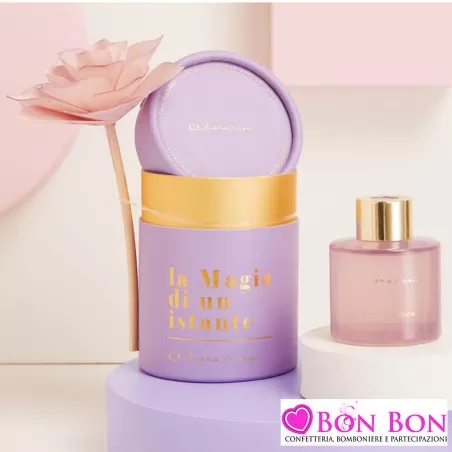 Bomboniere Matrimonio Claraluna 2025 Diffusori in Vetro Viola con Essenza Lilac Blossom e Rosa Decorativa