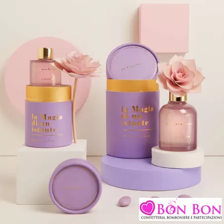 Bomboniere Matrimonio Claraluna 2025 Diffusori in Vetro Viola con Essenza Lilac Blossom e Rosa Decorativa