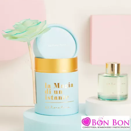 Bomboniere Matrimonio Claraluna 2025 Diffusori in Vetro Azzurro con Essenza Blue Bella e Rosa Decorativa