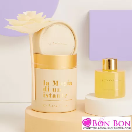 Bomboniere Matrimonio Claraluna 2025 Diffusori in Vetro Giallo con Essenza Orange Blossom e Rosa Avorio