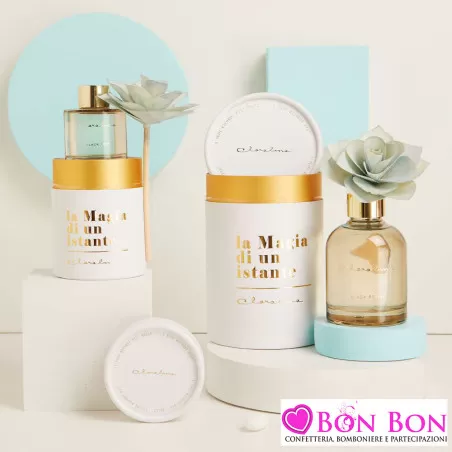 Bomboniere Matrimonio Claraluna 2025 Diffusori in Vetro Grigio con Essenza Black Peony e Rosa in Stecca Grigia