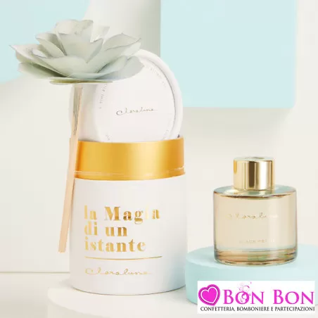 Bomboniere Matrimonio Claraluna 2025 Diffusori in Vetro Grigio con Essenza Black Peony e Rosa in Stecca Grigia Claraluna - 1