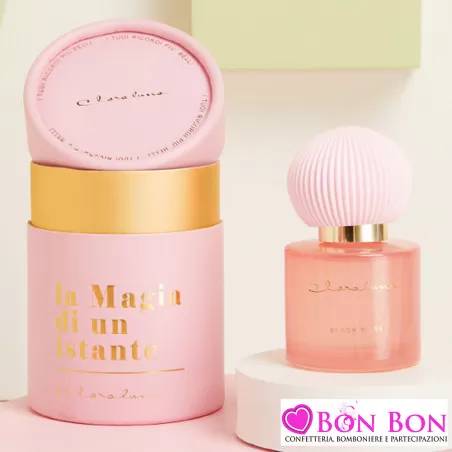 Bomboniere Matrimonio Claraluna 2025 Diffusori in Vetro Rosa con Essenza Black Rose e Tappo in Gesso Profilo Oro