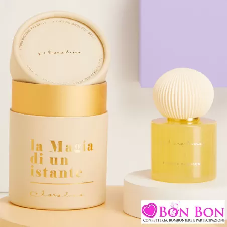 Bomboniere Matrimonio Claraluna 2025 Diffusori in Vetro Giallo con Essenza Orange Blossom e Tappo in Gesso con Perfilo Oro Clara
