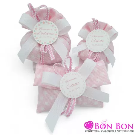 Sacchetti Portaconfetti per nascita in tessuto stelline bianche su sfondo rosa Liete Creazioni - 6