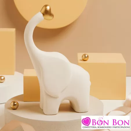 Bomboniera Matrimonio Claraluna 2025 Elefante in Porcellana Avorio con Cuore Oro Claraluna - 1