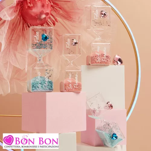 Bomboniere Battesimo Originali Claraluna 2025 Clessidre con Sabbia Glitterata e Cuore in Strass Rosa e Azzurra Claraluna - 3