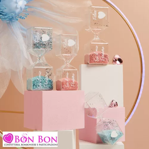 Bomboniere Battesimo Originali Claraluna 2025 Clessidre con Sabbia Glitterata rosa e celeste Claraluna - 3