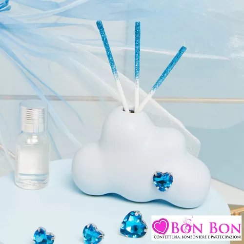 Bomboniere Battesimo Originali Claraluna 2025 Profumatori a Forma di Nuvola Celeste con Cuore in Strass Claraluna - 1