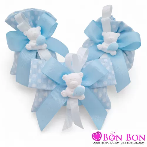 Sacchetti Portaconfetti per Nascita e Battesimo Tessuto a Pois Bianchi su Fondo Celeste con Gessetto Orsetto e Fiocco Liete Crea