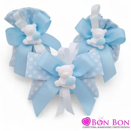 Sacchetti Portaconfetti per Nascita e Battesimo Tessuto a Pois Bianchi su Fondo Celeste con Gessetto Orsetto e Fiocco Liete Crea