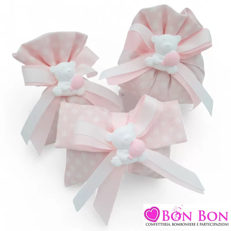 Sacchetti Portaconfetti per Nascita e Battesimo Tessuto a Pois Bianchi su Fondo Rosa con Gessetto Orsetto e Fiocco Liete Creazio