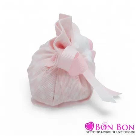 Sacchetti Portaconfetti per Nascita e Battesimo Tessuto a Pois Bianchi su Fondo Rosa con Gessetto Orsetto e Fiocco Liete Creazio