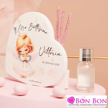 Bomboniere Battesimo Claraluna 2025 Profumatore Cuore con Angioletto e Stecche Glitter Rosa Claraluna - 1