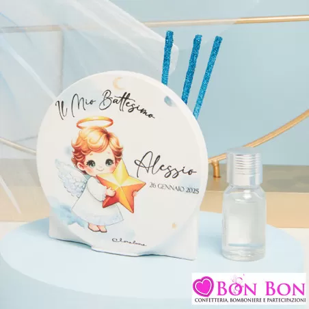 Bomboniere Battesimo Claraluna 2025 Profumatore Rotondo con Angioletto e Stecche Glitter Azzurre Claraluna - 1