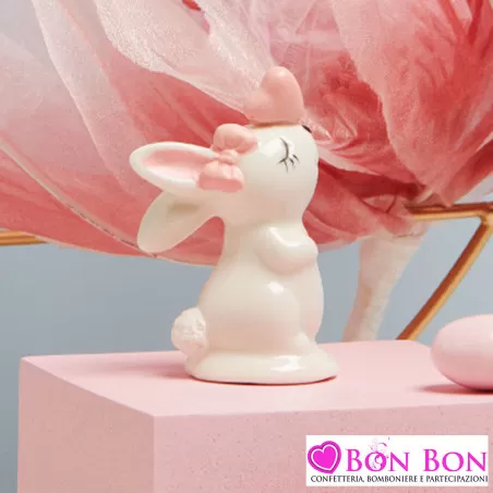 Bomboniera Battesimo Bimba Coniglietto Rosa in Porcellana con Cuore Claraluna - 1