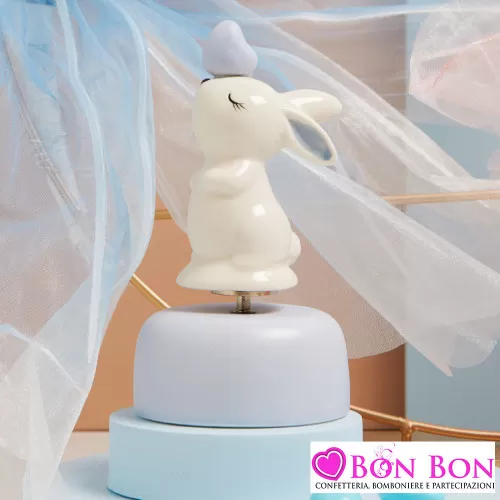 Bomboniera Battesimo Bimbo Carillon con Coniglietto Celeste in Porcellana Claraluna - 1