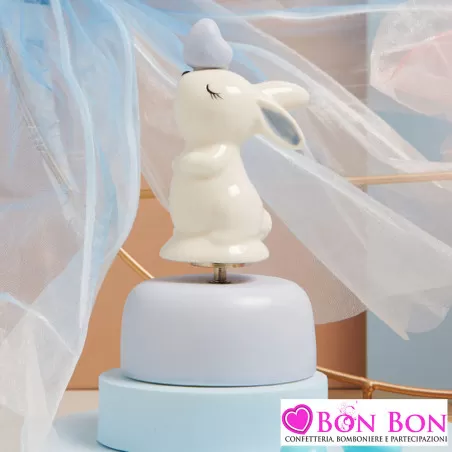 Bomboniera Battesimo Bimbo Carillon con Coniglietto Celeste in Porcellana Claraluna - 1