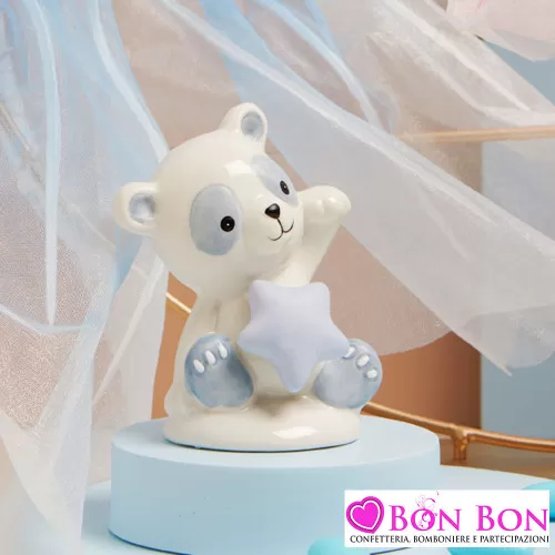 Bomboniera Battesimo Bimbo Panda Celeste con Stella in Porcellana Grande Claraluna - 1