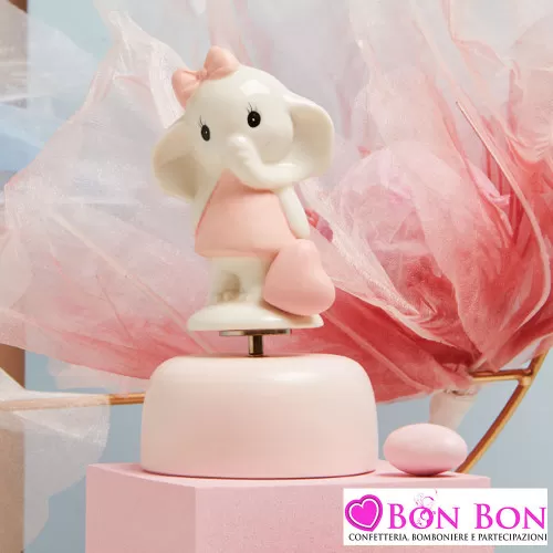 Bomboniera Battesimo Bimba: Carillon Elefantino Rosa con Cuore in Porcellana Claraluna - 1