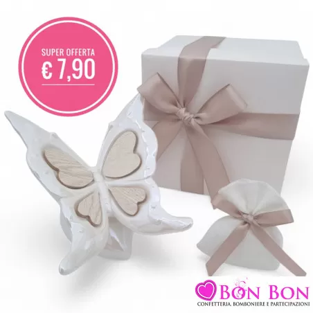 Bomboniera Matrimonio Farfalla in Porcellana Bianca con Ali in Legno - 1