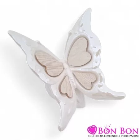 Bomboniera Matrimonio Farfalla in Porcellana Bianca con Ali in Legno - 2