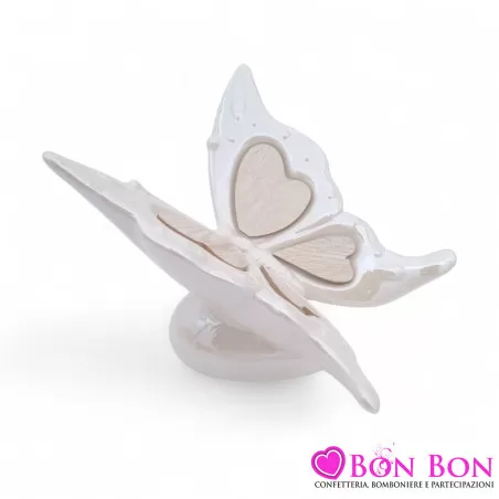 Bomboniera Matrimonio Farfalla in Porcellana Bianca con Ali in Legno - 3