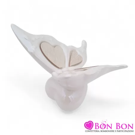 Bomboniera Matrimonio Farfalla in Porcellana Bianca con Ali in Legno - 4