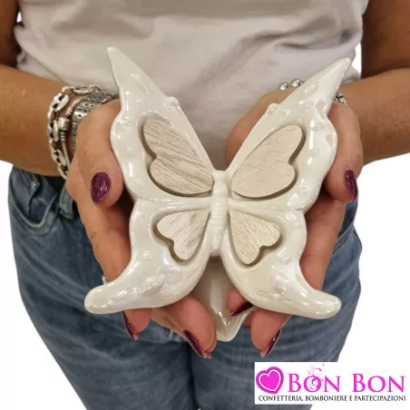 Bomboniera Matrimonio Farfalla in Porcellana Bianca con Ali in Legno - 5