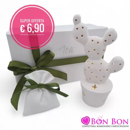 Bomboniera Matrimonio in Offerta Piantina Cactus in Ceramica Bianca con Luce LED - 1