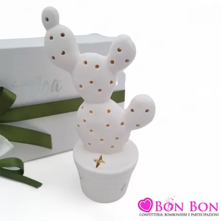 Bomboniera Matrimonio in Offerta Piantina Cactus in Ceramica Bianca con Luce LED - 2