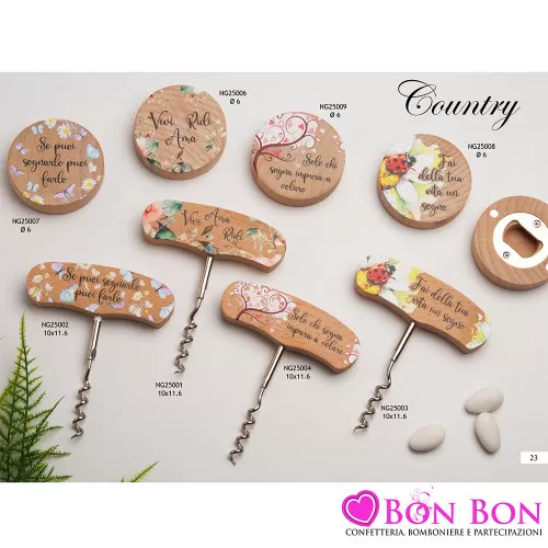 Bomboniere matrimonio utili stile country: cavatappi e apribottiglia in legno con disegno e frase Dolcicose - 1
