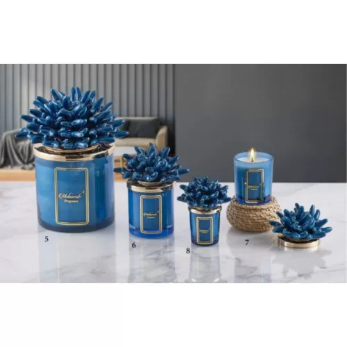 Bomboniere Matrimonio Eleganti Candele Profumate con Corallo Blu in Vetro e Coperchio Dorato Melaverde - 1