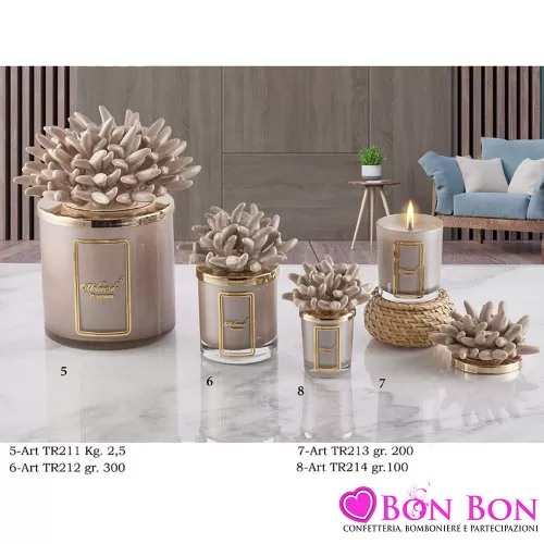 Bomboniere Matrimonio Melaverde Candele Profumate con Corallo Tortora in Vetro e Coperchio Dorato Melaverde - 1