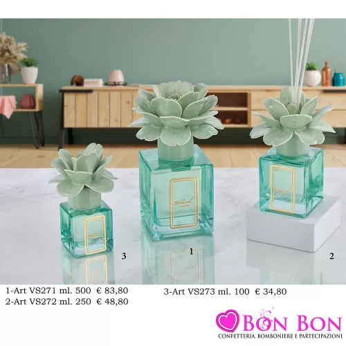 Bomboniere Matrimonio Melaverde Diffusori in Vetro Cubico con Fiore Verde Salvia Melaverde - 1