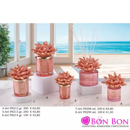 Bomboniere Matrimonio Melaverde Candele Profumate e Diffusori con Corallo Pesca in Vetro e Coperchio Dorato Melaverde - 1