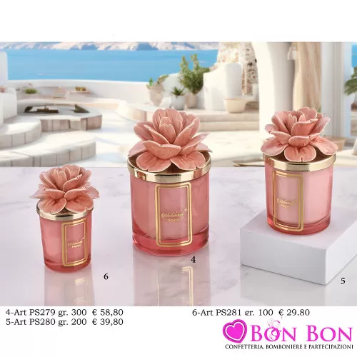 Bomboniere Matrimonio Melaverde Candele Profumate in Vetro con Fiore Pesca Melaverde - 1