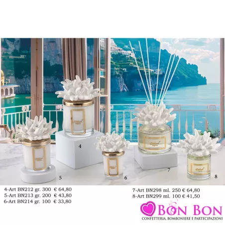 Bomboniere Matrimonio Melaverde Candele Profumate e Diffusori con Corallo Bianco in Vetro e Coperchio Dorato Melaverde - 1