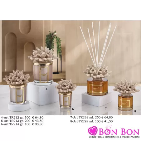 Bomboniere Matrimonio Melaverde Candele Profumate e Diffusori con Corallo Tortora in Vetro e Coperchio Dorato Melaverde - 1