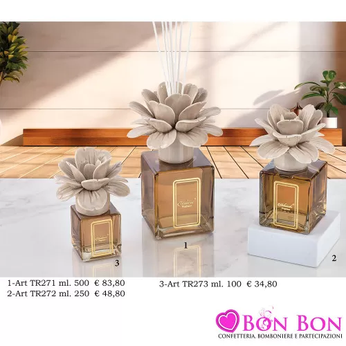 Bomboniere Matrimonio Melaverde Diffusori in Vetro Cubico con Fiore Tortora Melaverde - 1