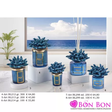 Bomboniere Matrimonio Melaverde Candele Profumate e Diffusori con Corallo Blu in Vetro e Coperchio Dorato Melaverde - 1