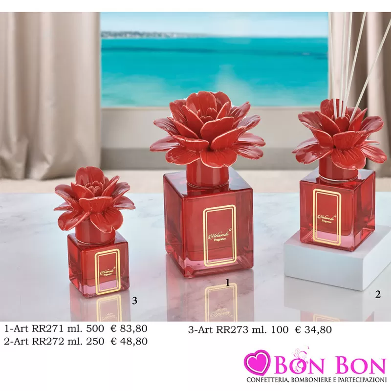 Bomboniere Matrimonio Melaverde Diffusori in Vetro Cubico con Fiore Rosso Melaverde - 1