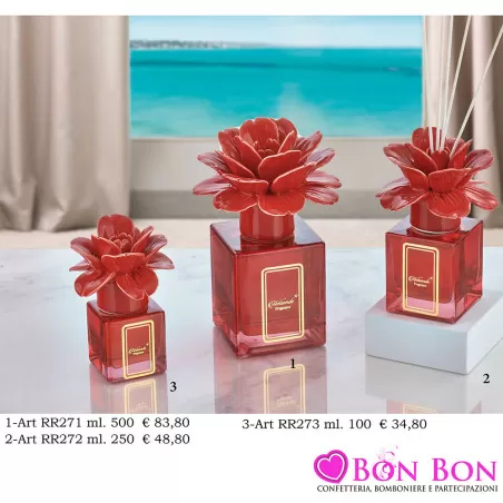 Bomboniere Matrimonio Melaverde Diffusori in Vetro Cubico con Fiore Rosso Melaverde - 1